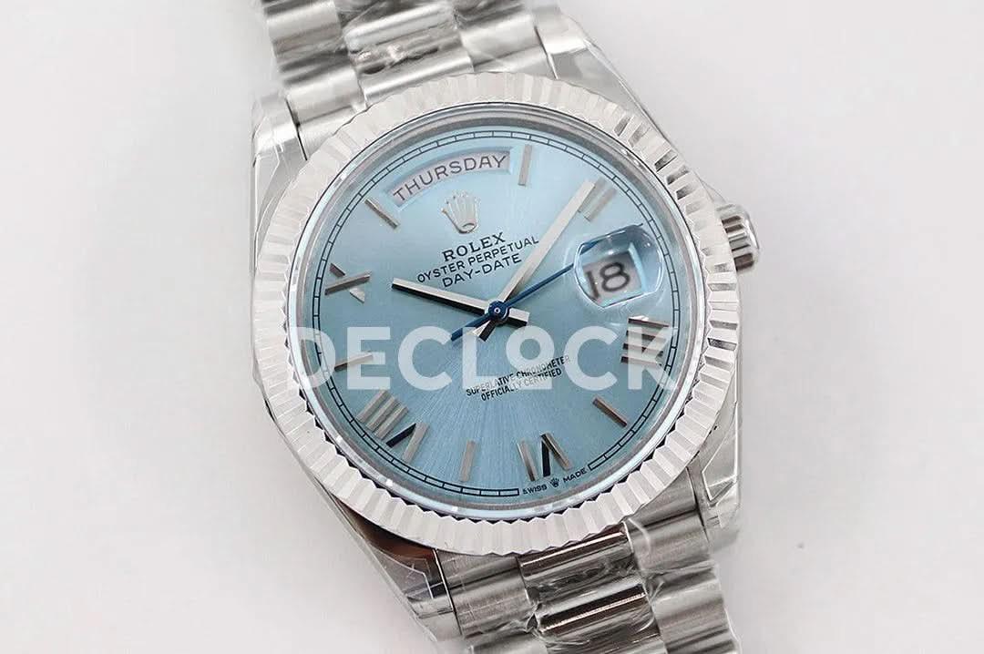 Replica Rolex Day-Date 40 228236 Blue Dial in Platinum |  Declock.