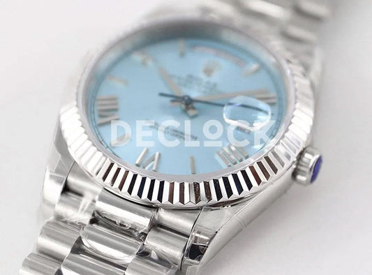 Replica Rolex Day-Date 40 228236 Blue Dial in Platinum |  Declock.