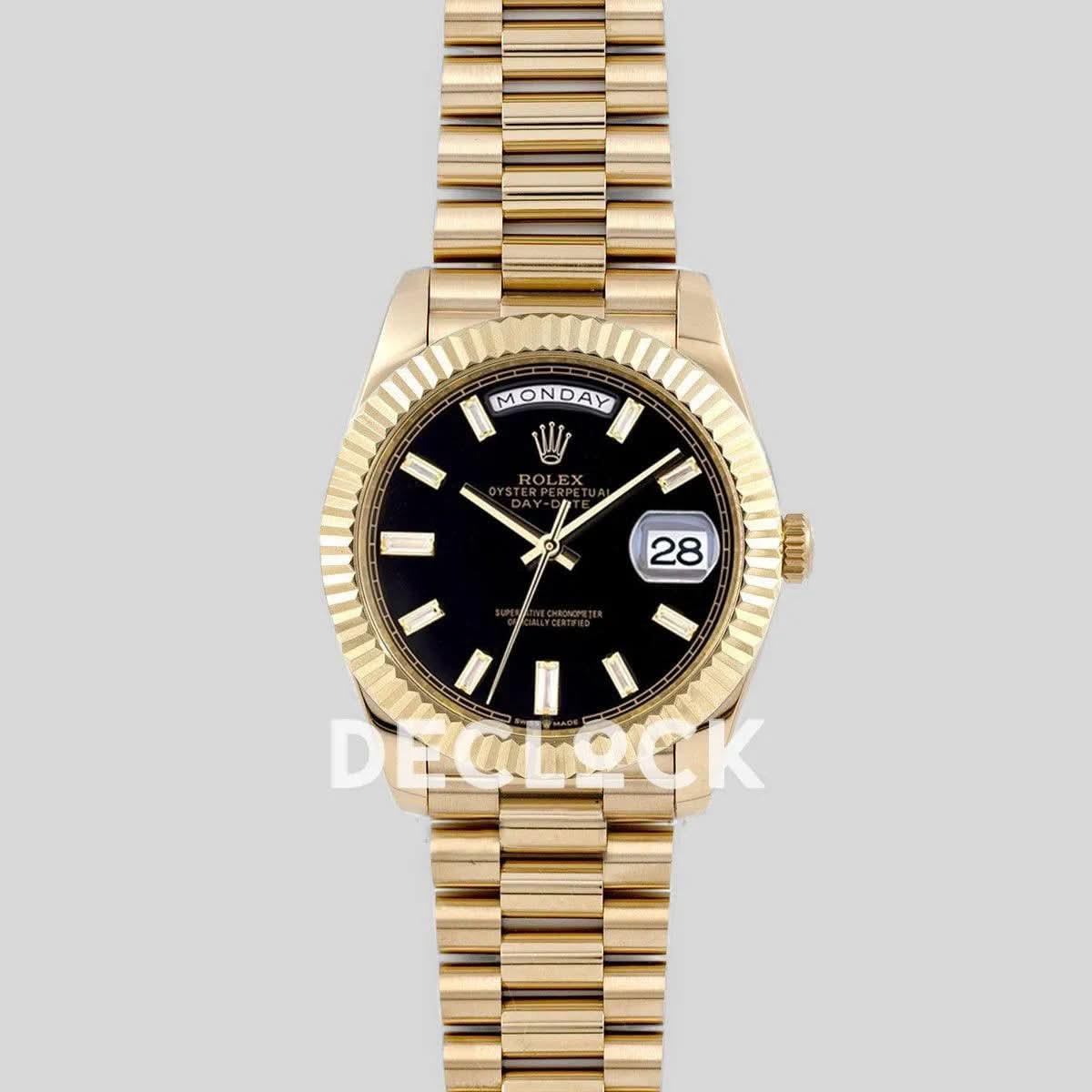 Replica Rolex Day-Date 40 228238 Black Dial Diamonds in Yellow Gold |  Declock.