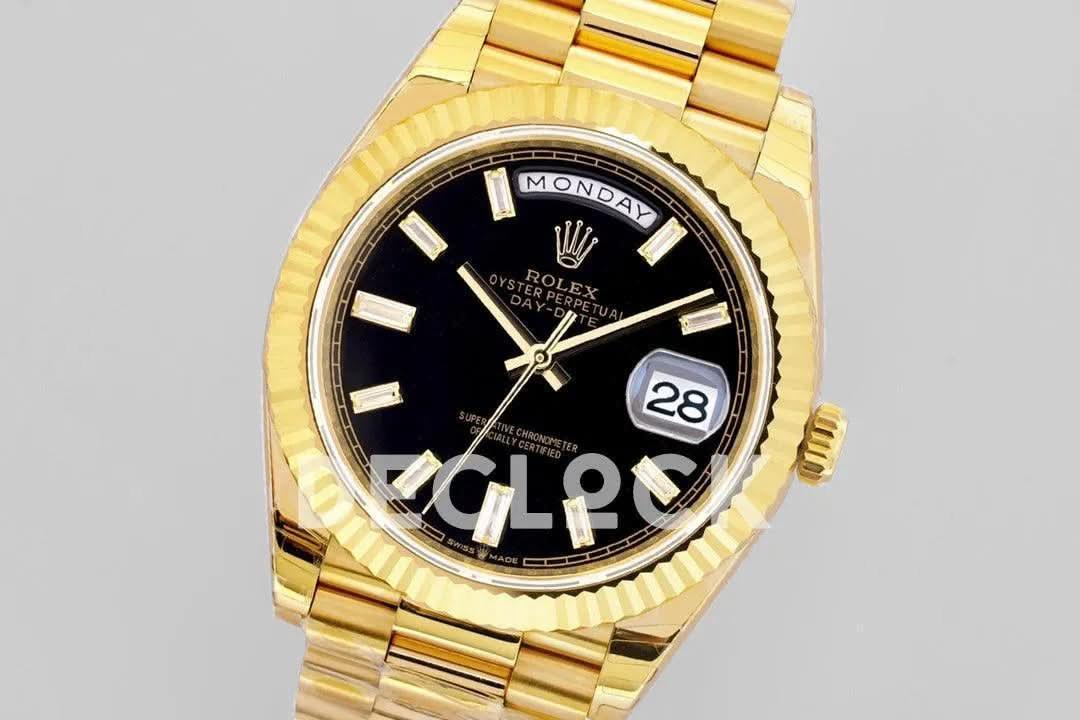 Replica Rolex Day-Date 40 228238 Black Dial Diamonds in Yellow Gold |  Declock.