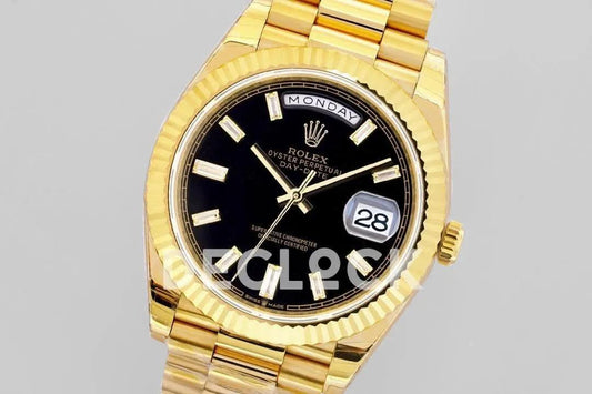 Replica Rolex Day-Date 40 228238 Black Dial Diamonds in Yellow Gold | Declock.
