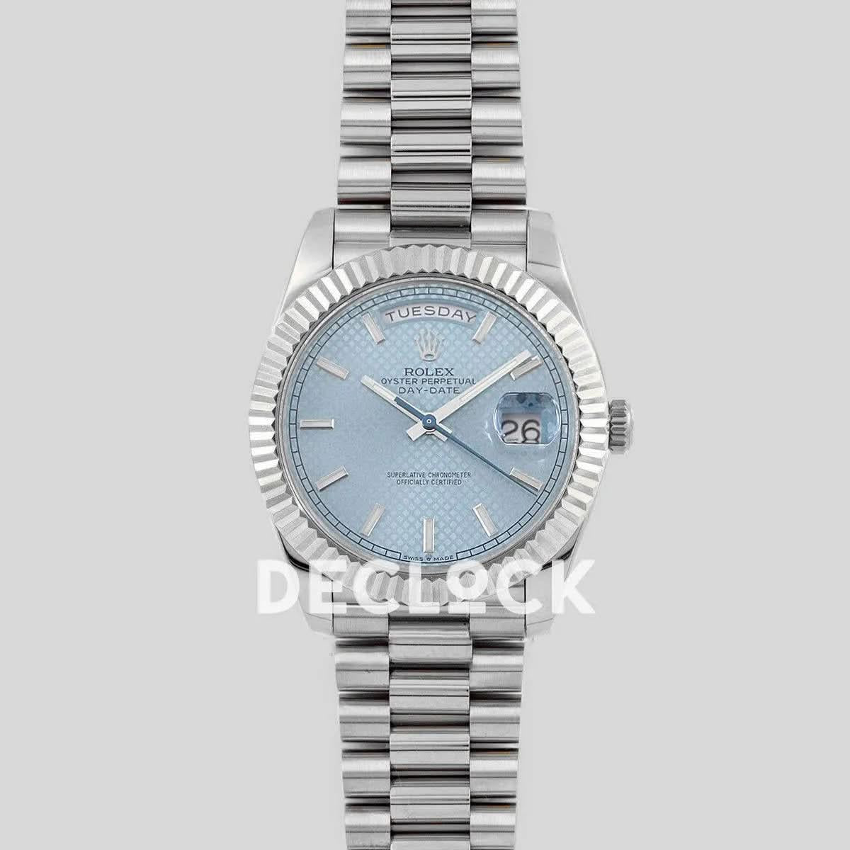 Replica Rolex Day-Date 40 228238 Blue Dial in Platinum Diagonal Motif |  Declock.