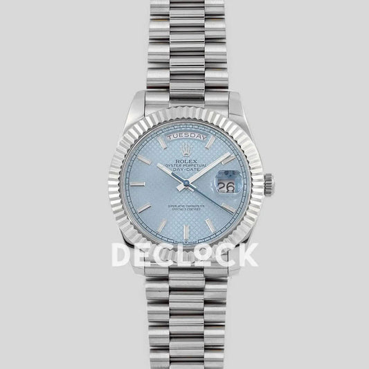 Replica Rolex Day-Date 40 228238 Blue Dial in Platinum Diagonal Motif | Declock.