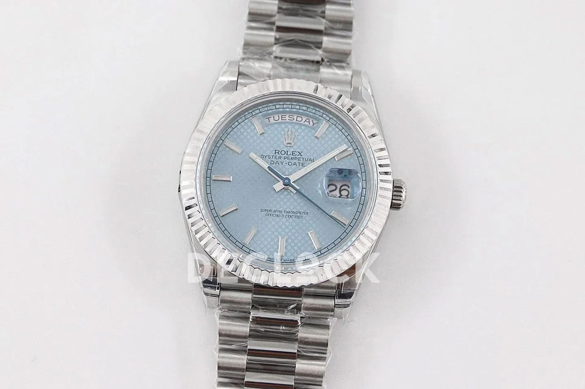 Replica Rolex Day-Date 40 228238 Blue Dial in Platinum Diagonal Motif |  Declock.