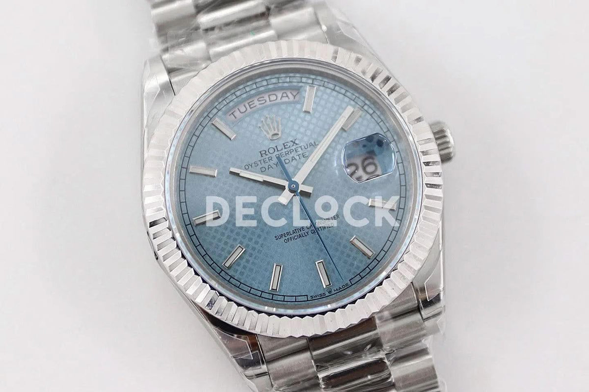Replica Rolex Day-Date 40 228238 Blue Dial in Platinum Diagonal Motif |  Declock.