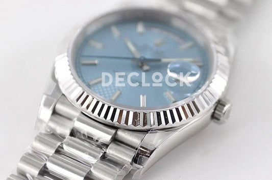 Replica Rolex Day-Date 40 228238 Blue Dial in Platinum Diagonal Motif |  Declock.