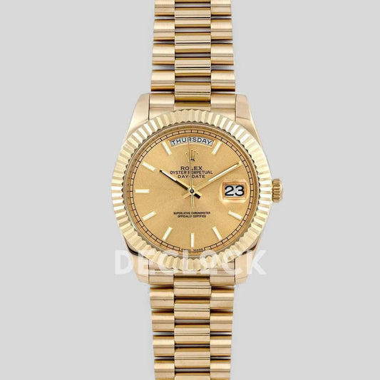 Replica Rolex Day-Date 40 228238 Champagne Dial in Yellow Gold |  Declock.