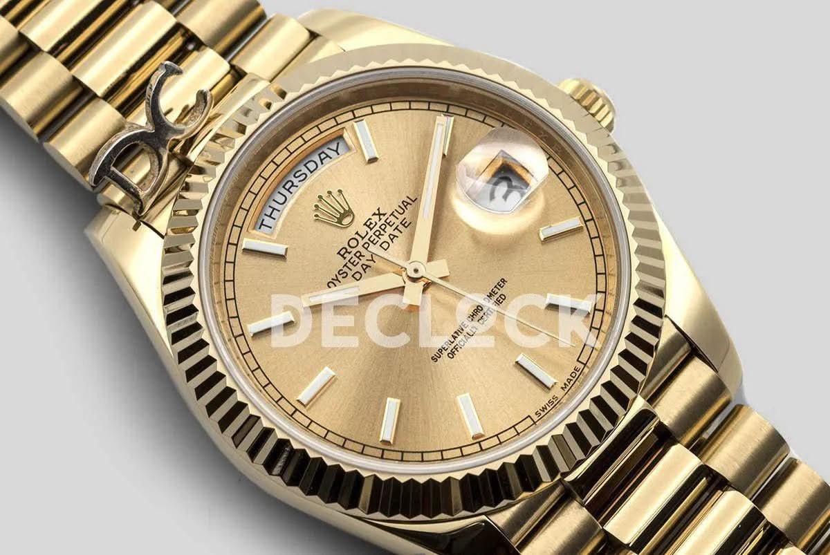 Replica Rolex Day-Date 40 228238 Champagne Dial in Yellow Gold |  Declock.