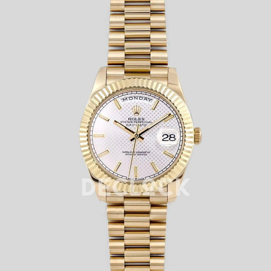 Replica Rolex Day-Date 40 228238 White Dial in Yellow Gold Diagonal Motif |  Declock.