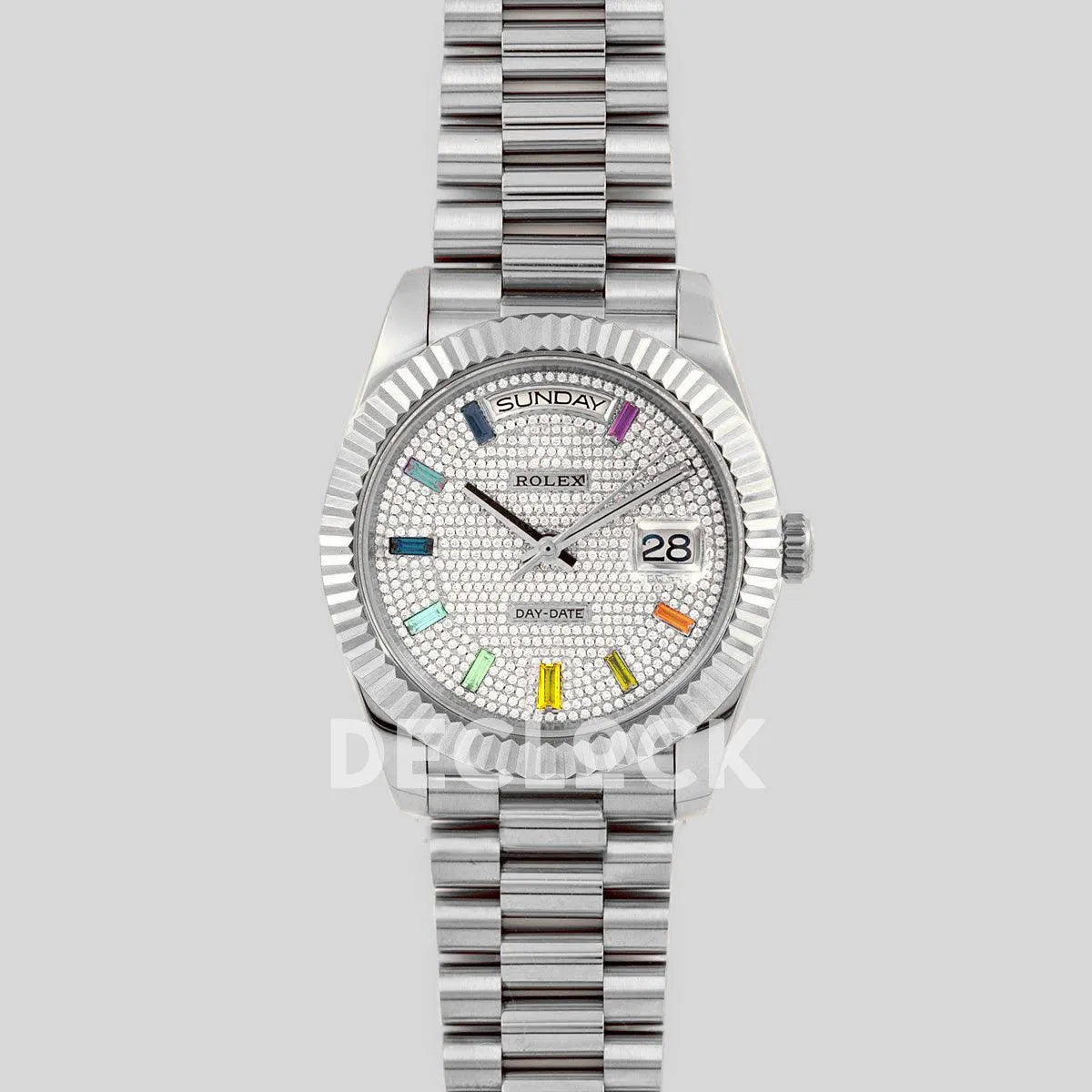 Replica Rolex Day-Date 40 White Gold Diamond Paved Rainbow