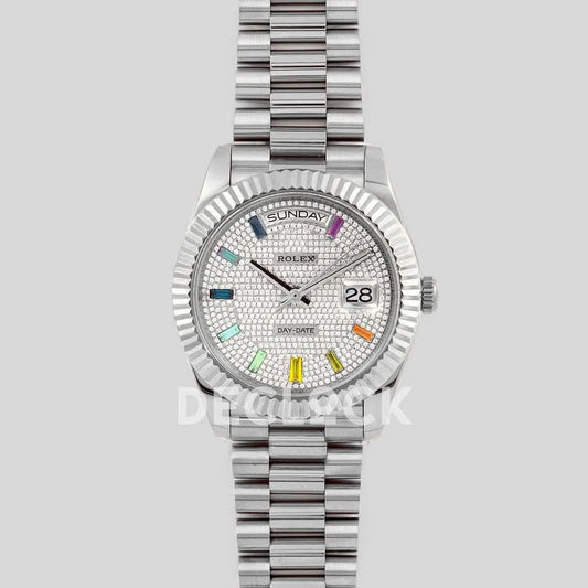 Replica Rolex Day-Date 40 White Gold Diamond Paved Rainbow | Declock.