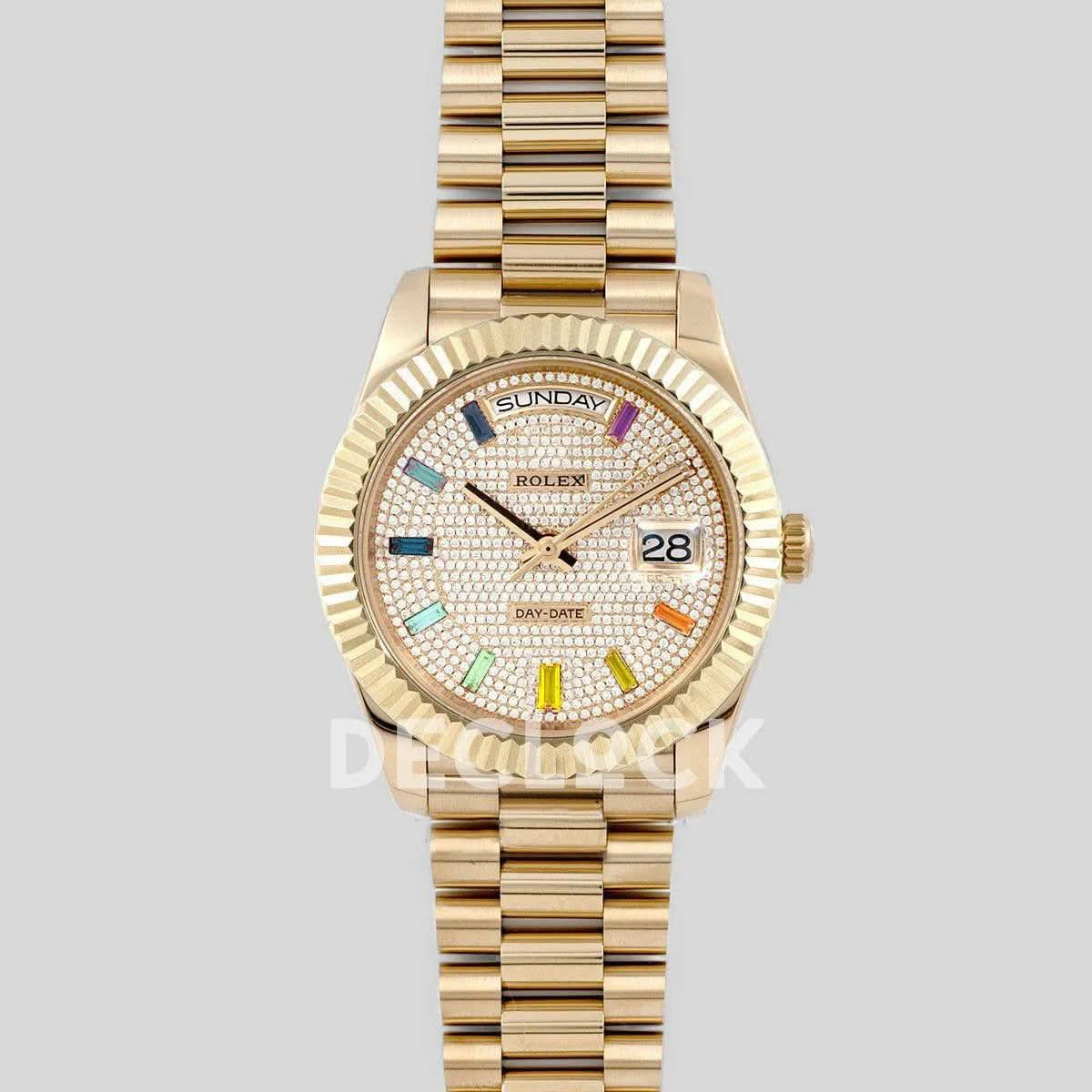 Replica Rolex Day-Date 40 Yellow Gold Diamond Paved Rainbow |  Declock.