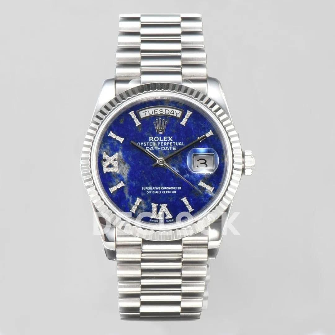 Replica Rolex Day-Date 36 128236 Lapis Lazuli Diamond Roman Dial in Platinum |  Declock.
