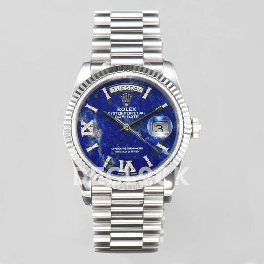 Replica Rolex Day-Date 36 128236 Lapis Lazuli Diamond Roman Dial in Platinum |  Declock.