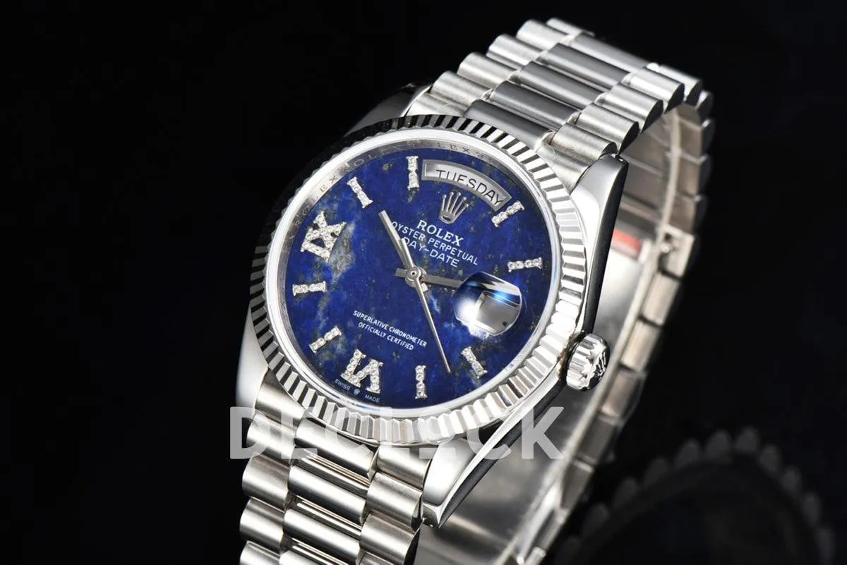 Replica Rolex Day-Date 36 128236 Lapis Lazuli Diamond Roman Dial in Platinum