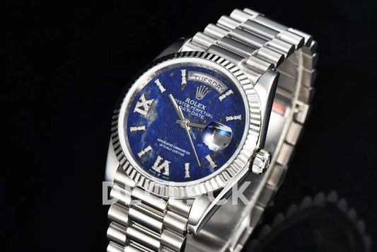 Replica Rolex Day-Date 36 128236 Lapis Lazuli Diamond Roman Dial in Platinum |  Declock.