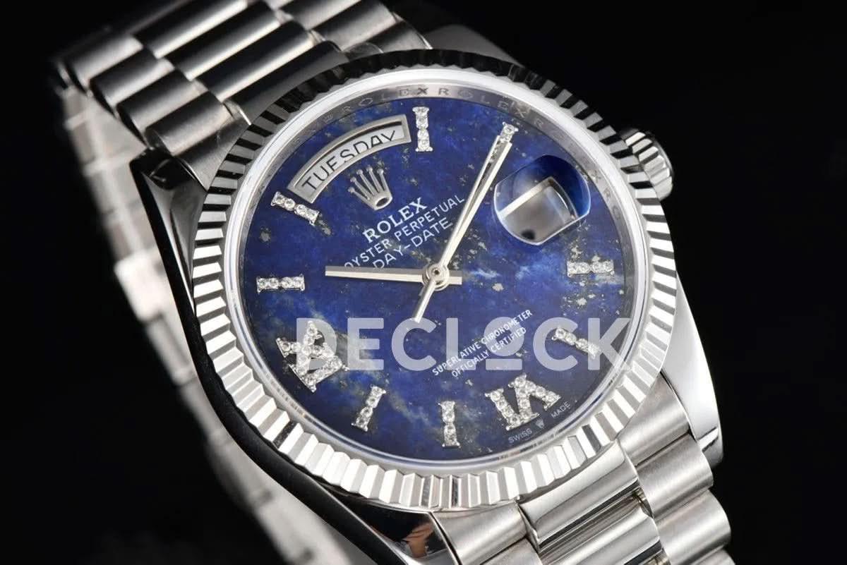 Replica Rolex Day-Date 36 128236 Lapis Lazuli Diamond Roman Dial in Platinum |  Declock.