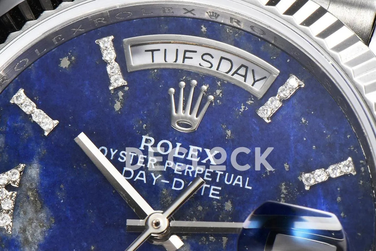 Replica Rolex Day-Date 36 128236 Lapis Lazuli Diamond Roman Dial in Platinum