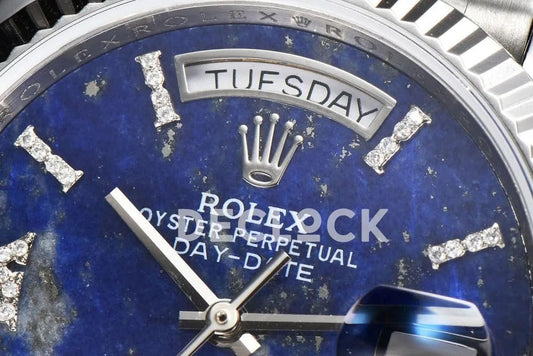 Replica Rolex Day-Date 36 128236 Lapis Lazuli Diamond Roman Dial in Platinum |  Declock.