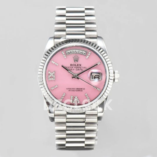 Replica Rolex Day-Date 36 128236 Pink Opal Dial with Roman Marker in Platinum | Declock.
