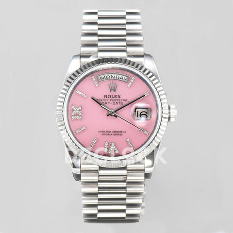 Replica Rolex Daydate 36 128236 Pink Opal Dial with Roman Marker in Platinum - Replica Watches