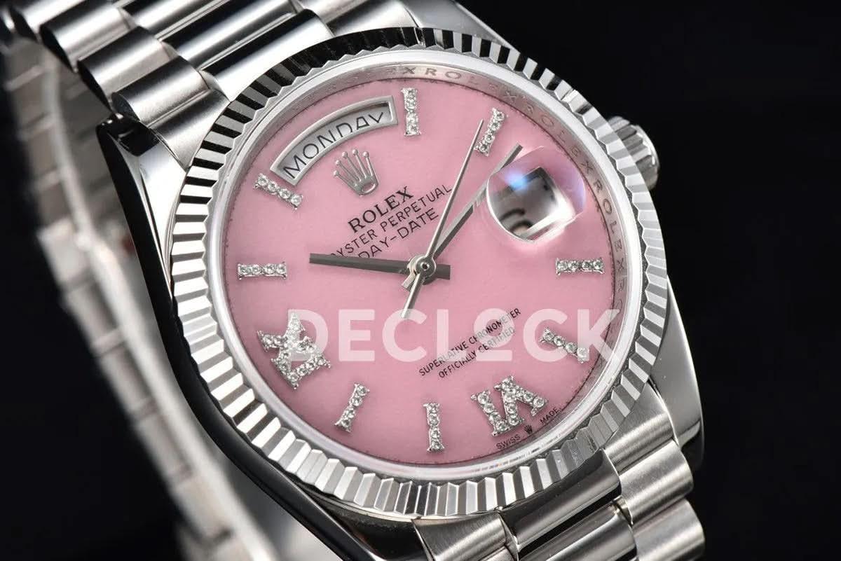 Replica Rolex Day-Date 36 128236 Pink Opal Dial with Roman Marker in Platinum |  Declock.