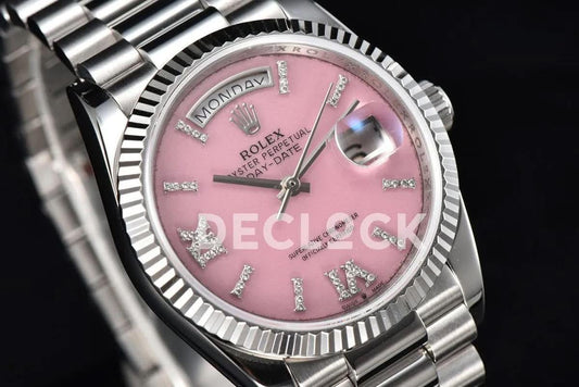 Replica Rolex Day-Date 36 128236 Pink Opal Dial with Roman Marker in Platinum | Declock.