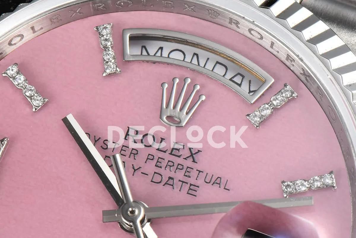 Replica Rolex Day-Date 36 128236 Pink Opal Dial with Roman Marker in Platinum |  Declock.