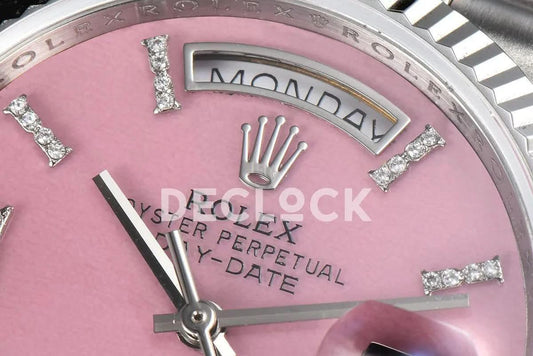 Replica Rolex Day-Date 36 128236 Pink Opal Dial with Roman Marker in Platinum | Declock.