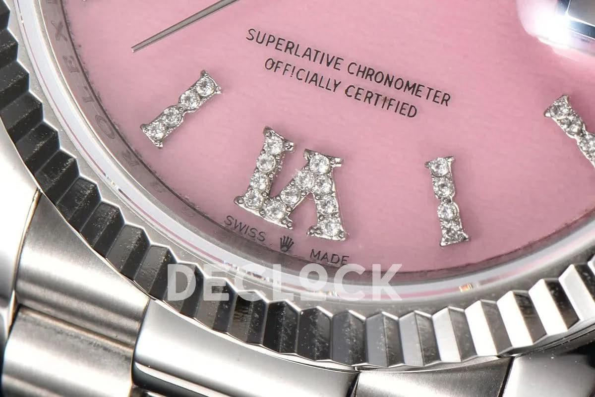Replica Rolex Day-Date 36 128236 Pink Opal Dial with Roman Marker in Platinum |  Declock.