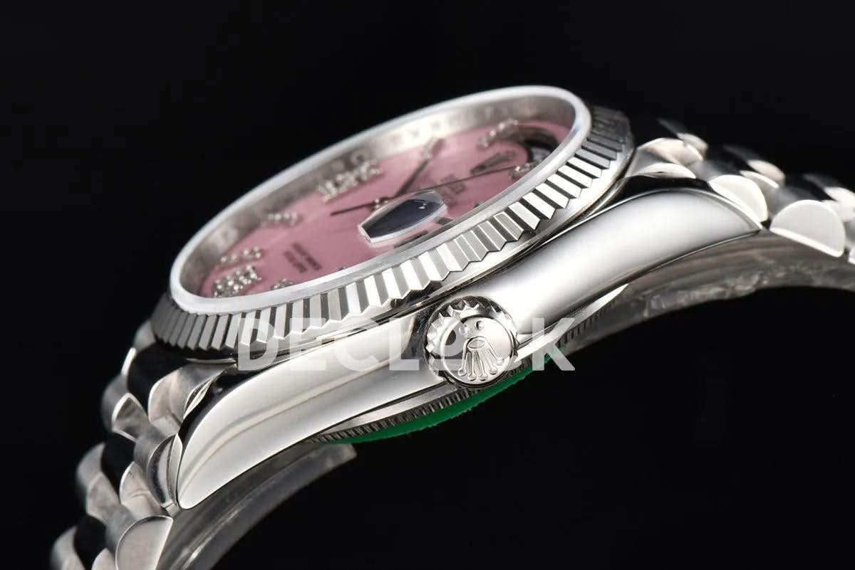 Replica Rolex Day-Date 36 128236 Pink Opal Dial with Roman Marker in Platinum |  Declock.