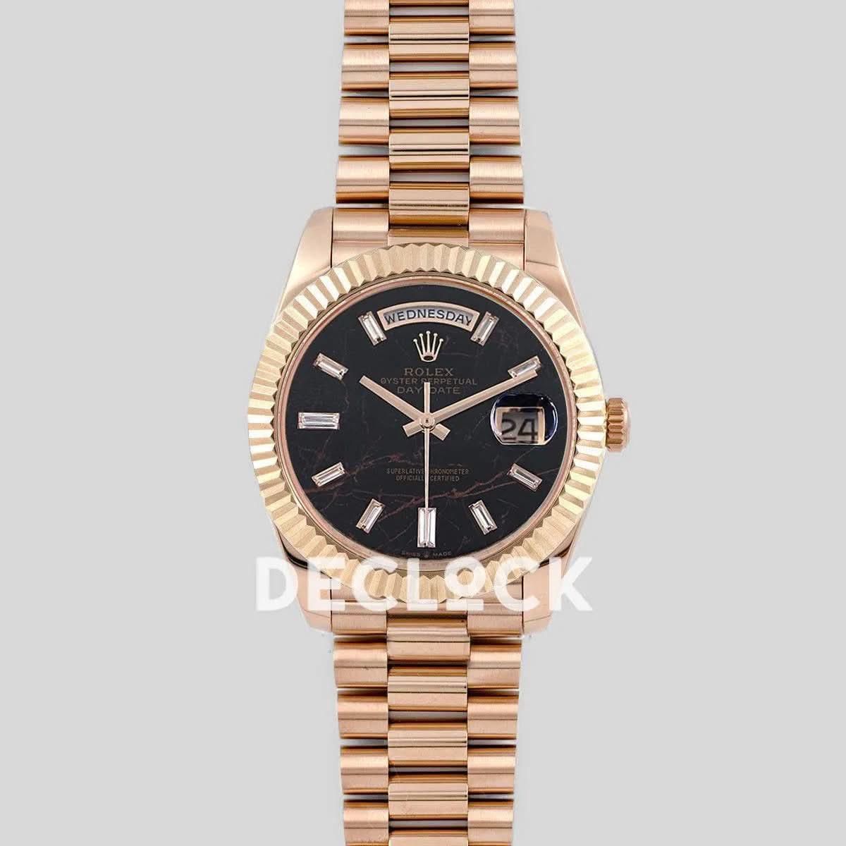 Replica Rolex Daydate 36/40 128235 Eisenkiesel (Quartz Stone) Dial Diamond Markers in Everose Gold |  Declock.