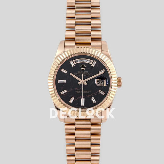 Replica Rolex Daydate 36/40 128235 Eisenkiesel (Quartz Stone) Dial Diamond Markers in Everose Gold | Declock.