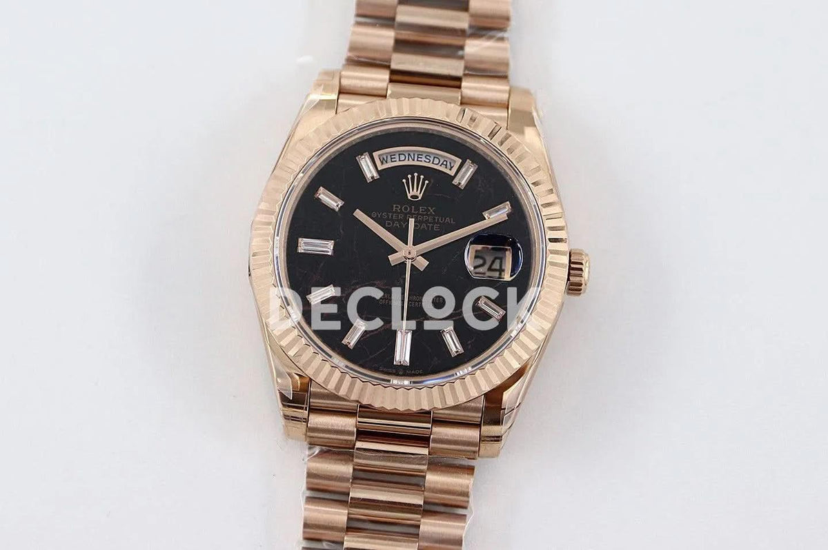 Replica Rolex Daydate 36/40 128235 Eisenkiesel (Quartz Stone) Dial Diamond Markers in Everose Gold |  Declock.