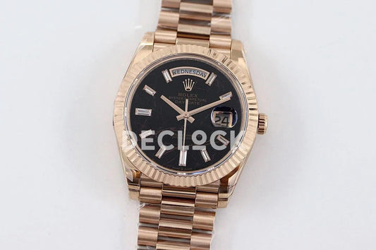 Replica Rolex Daydate 36/40 128235 Eisenkiesel (Quartz Stone) Dial Diamond Markers in Everose Gold | Declock.