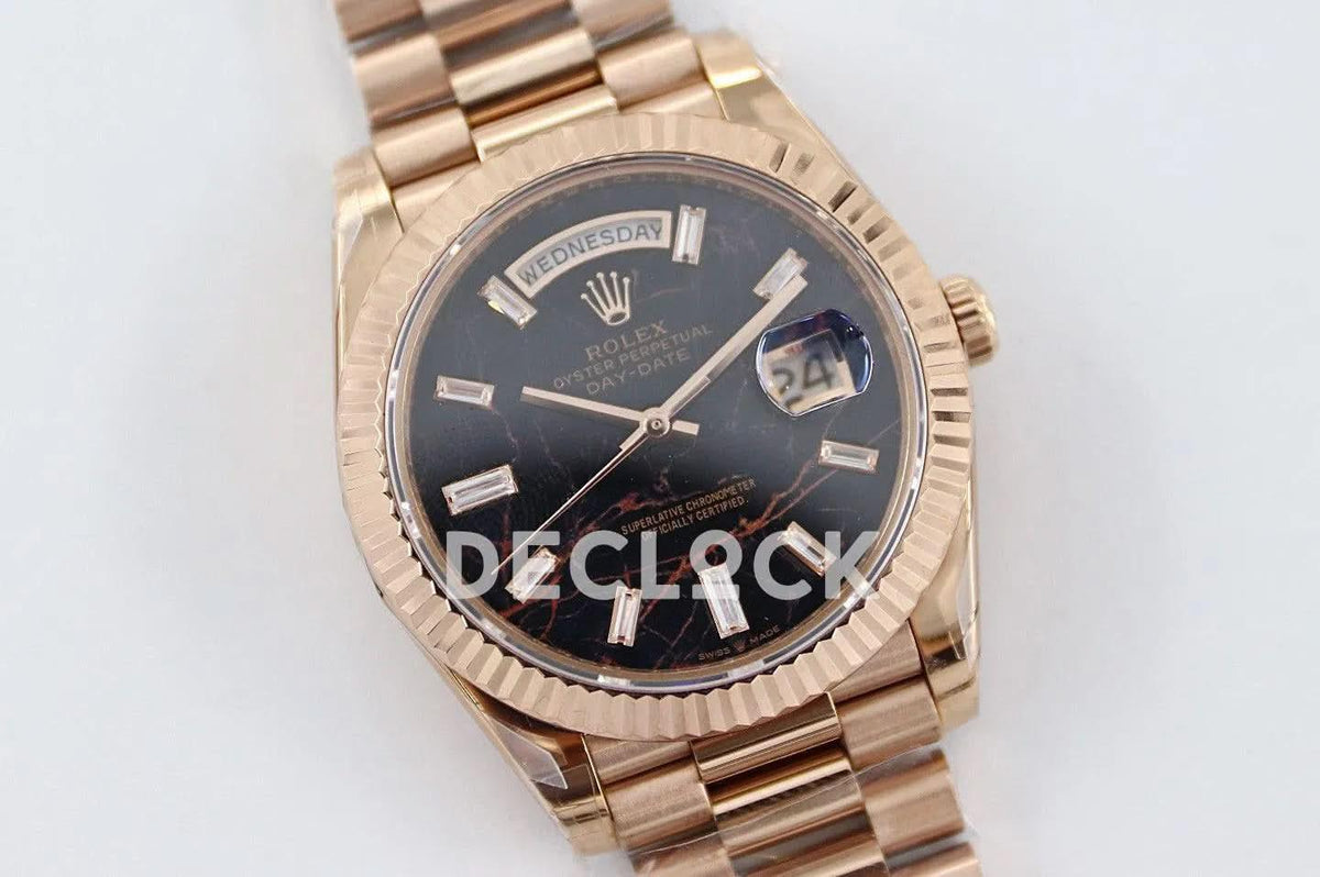 Replica Rolex Daydate 36/40 128235 Eisenkiesel (Quartz Stone) Dial Diamond Markers in Everose Gold |  Declock.