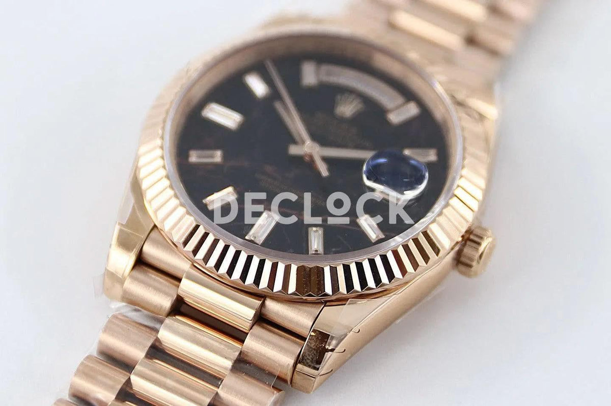 Replica Rolex Daydate 36/40 128235 Eisenkiesel (Quartz Stone) Dial Diamond Markers in Everose Gold |  Declock.