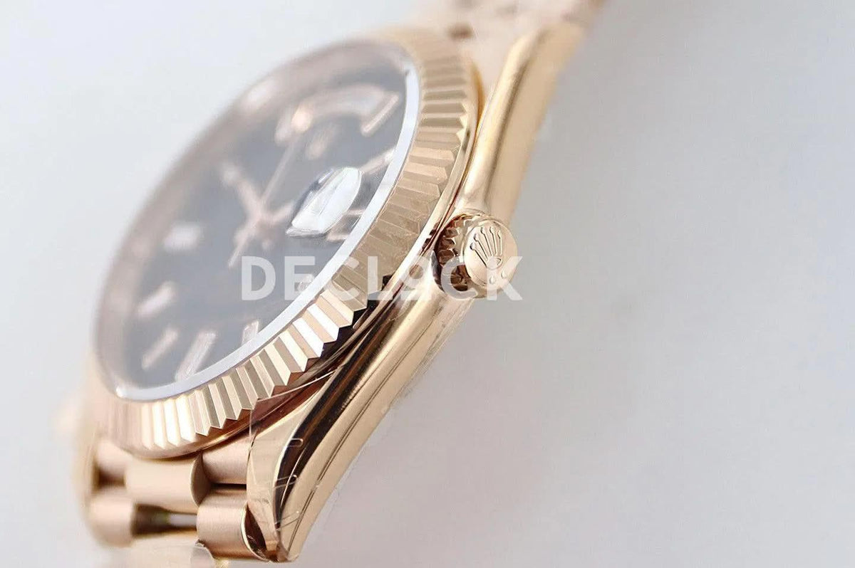 Replica Rolex Daydate 36/40 128235 Eisenkiesel (Quartz Stone) Dial Diamond Markers in Everose Gold |  Declock.