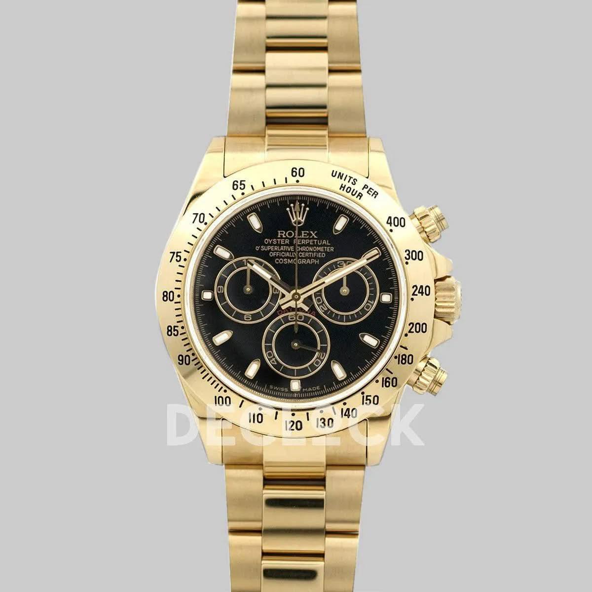 Replica Rolex Daytona 116508 Black Dial with Yellow Gold Bracelet |  Declock.