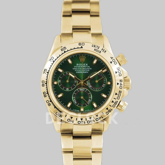 Replica Rolex Daytona 116508 Green Dial in Yellow Gold | Declock.