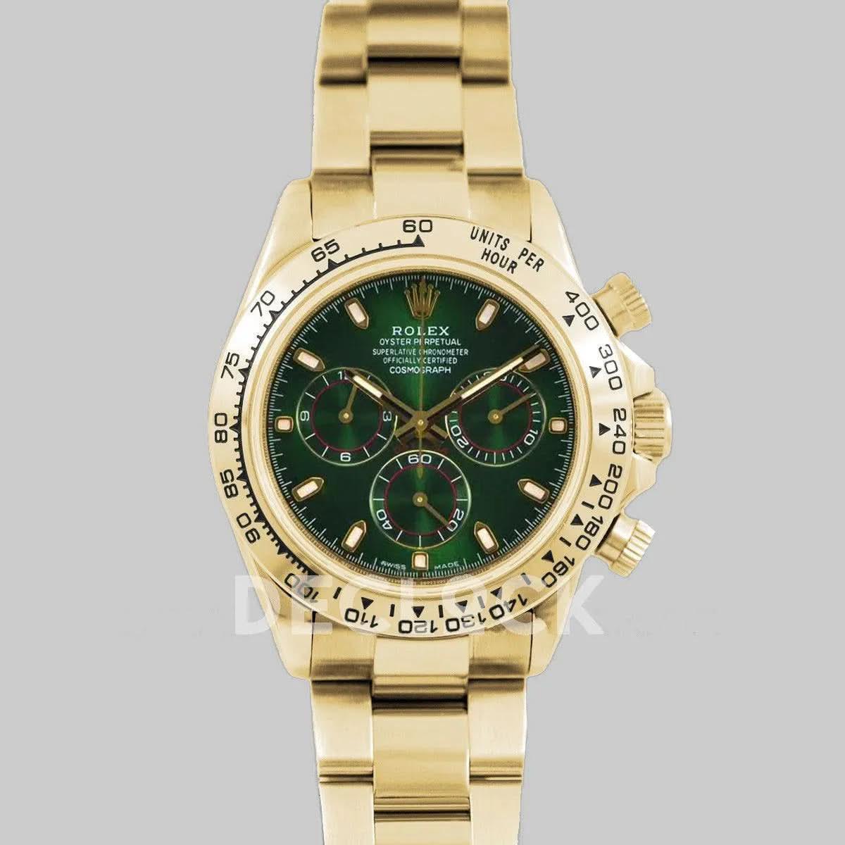 Replica Rolex Daytona 116508 Green Dial in Yellow Gold |  Declock.