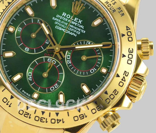 Replica Rolex Daytona 116508 Green Dial in Yellow Gold | Declock.