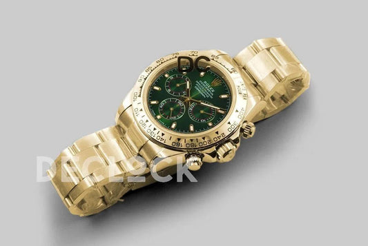 Replica Rolex Daytona 116508 Green Dial in Yellow Gold | Declock.