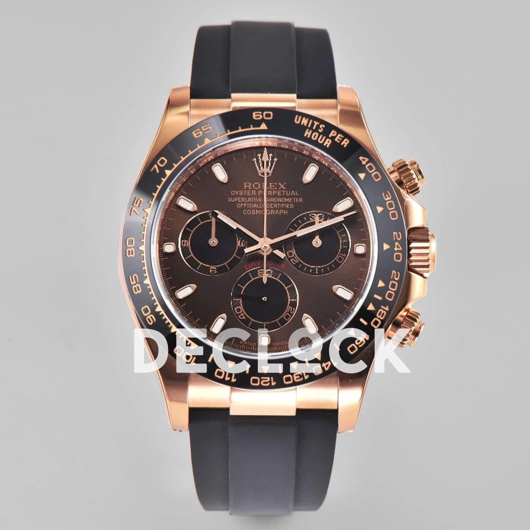 Replica Rolex Daytona 116515 Chocolate Dial in Rose Gold on Rubber Strap |  Declock.