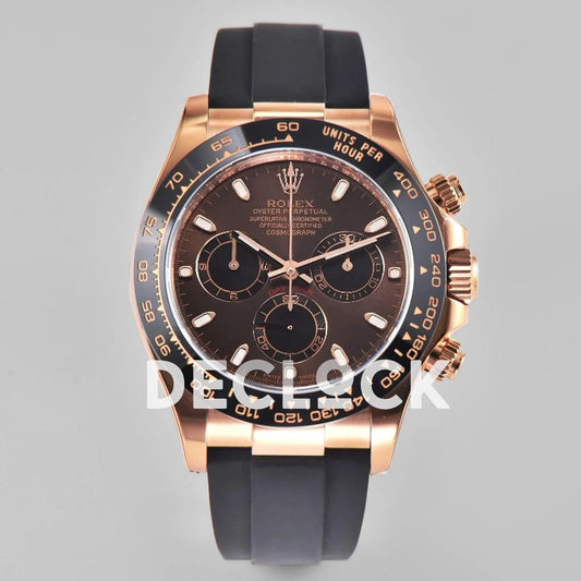 Replica Rolex Daytona 116515 Chocolate Dial in Rose Gold on Rubber Strap |  Declock.
