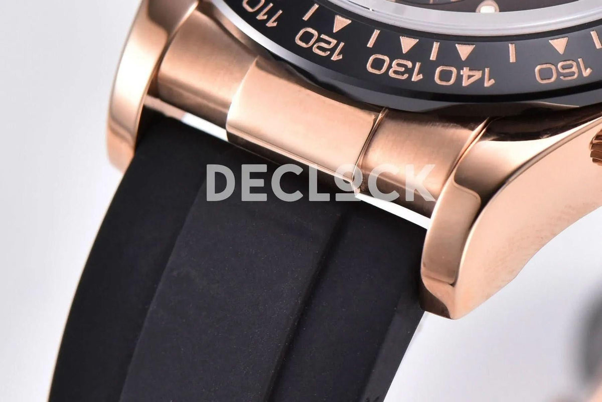 Replica Rolex Daytona 116515 Chocolate Dial in Rose Gold on Rubber Strap |  Declock.