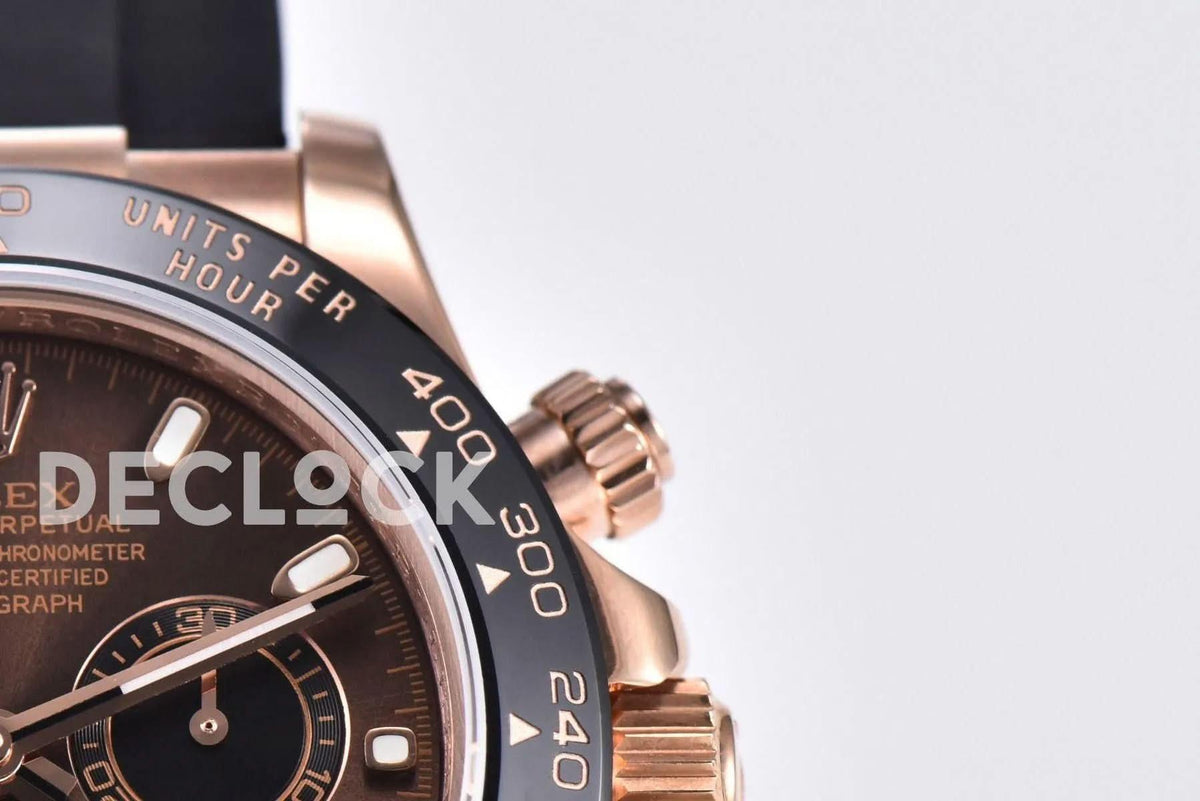 Replica Rolex Daytona 116515 Chocolate Dial in Rose Gold on Rubber Strap |  Declock.
