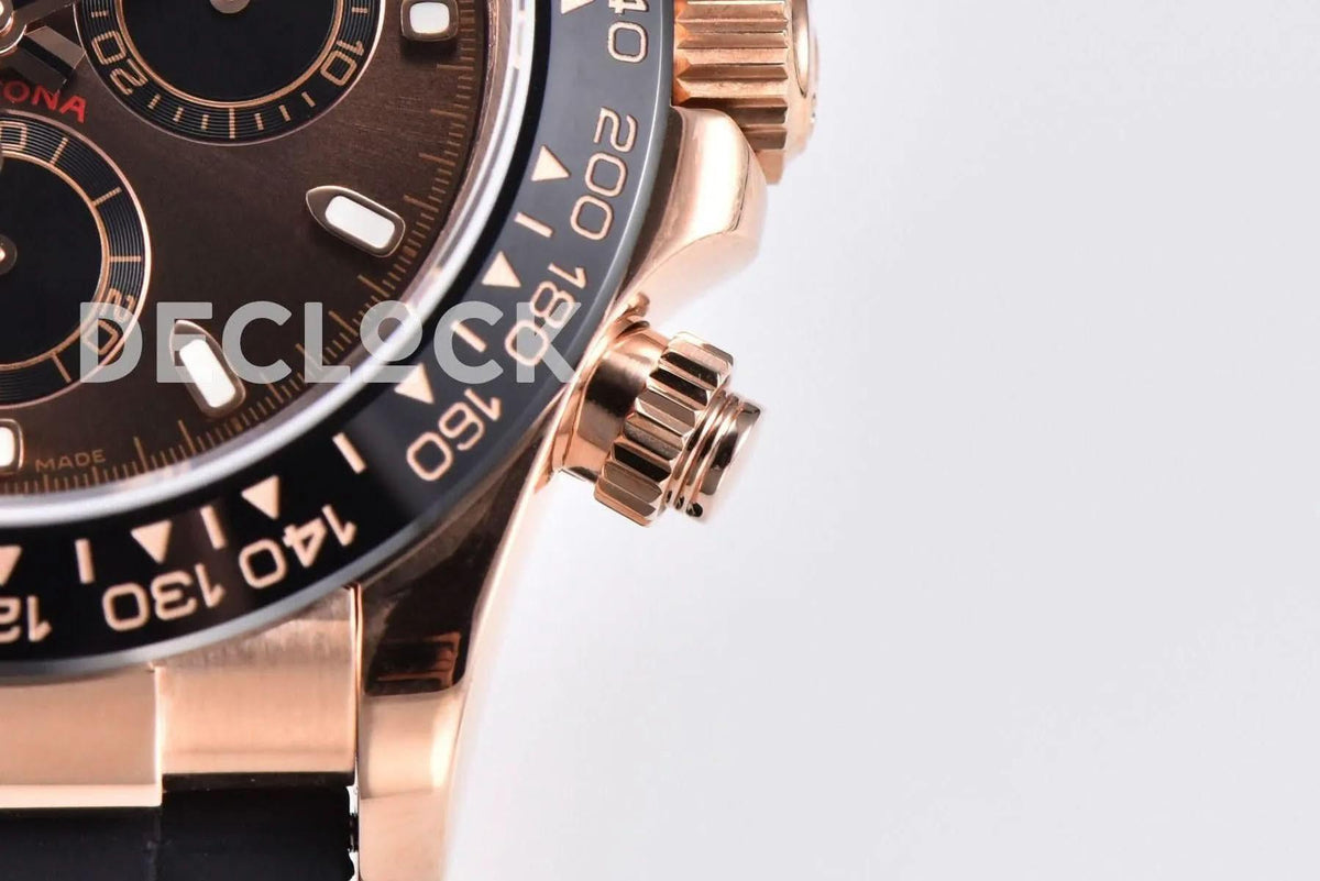 Replica Rolex Daytona 116515 Chocolate Dial in Rose Gold on Rubber Strap |  Declock.