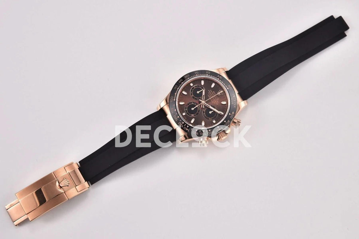 Replica Rolex Daytona 116515 Chocolate Dial in Rose Gold on Rubber Strap |  Declock.