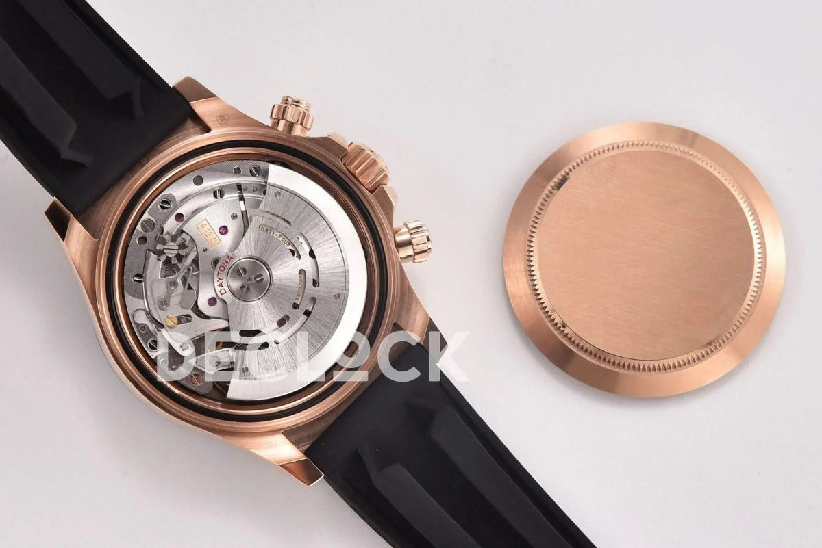 Replica Rolex Daytona 116515 Chocolate Dial in Rose Gold on Rubber Strap |  Declock.
